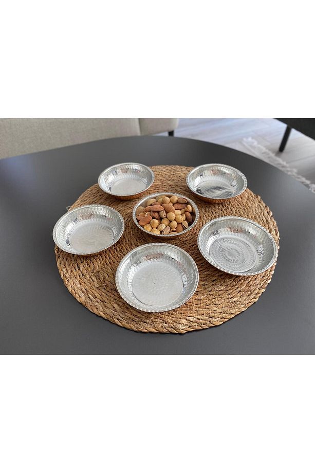 6'lı Kulpsuz Dövme İşlemeli Bakır Çerezlik-Kahvaltılık-Reçellik-Sunumluk Set (12 cm X 2,7 cm) Meze - 4