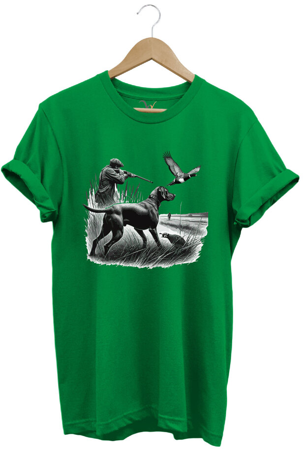 Hunting Themed Bird Hunting and Hunting Dog Printed 100% Cotton Regular Fit Green T-Shirt