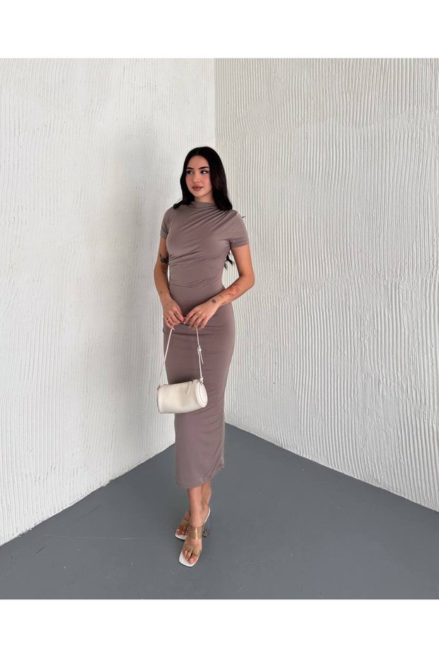 Women's Draped Short Sleeve Midi Length Dress