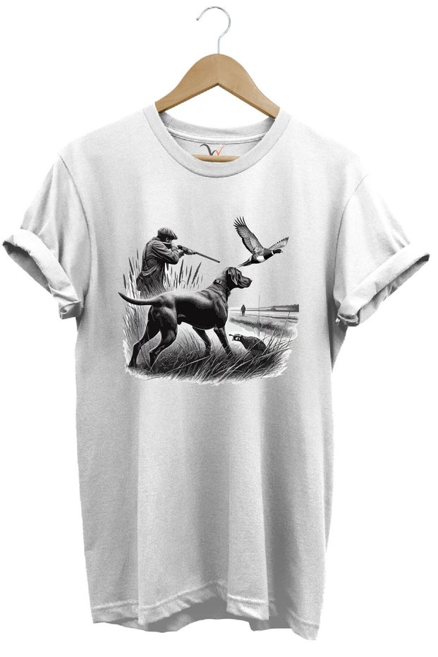 Hunting Themed Bird Hunting and Hunting Dog Printed 100% Cotton Regular Fit White T-Shirt