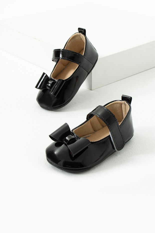 First Step Velcro Bow Detailed Non-Slip Sole Patent Leather Girls Ballerina Shoes Booties