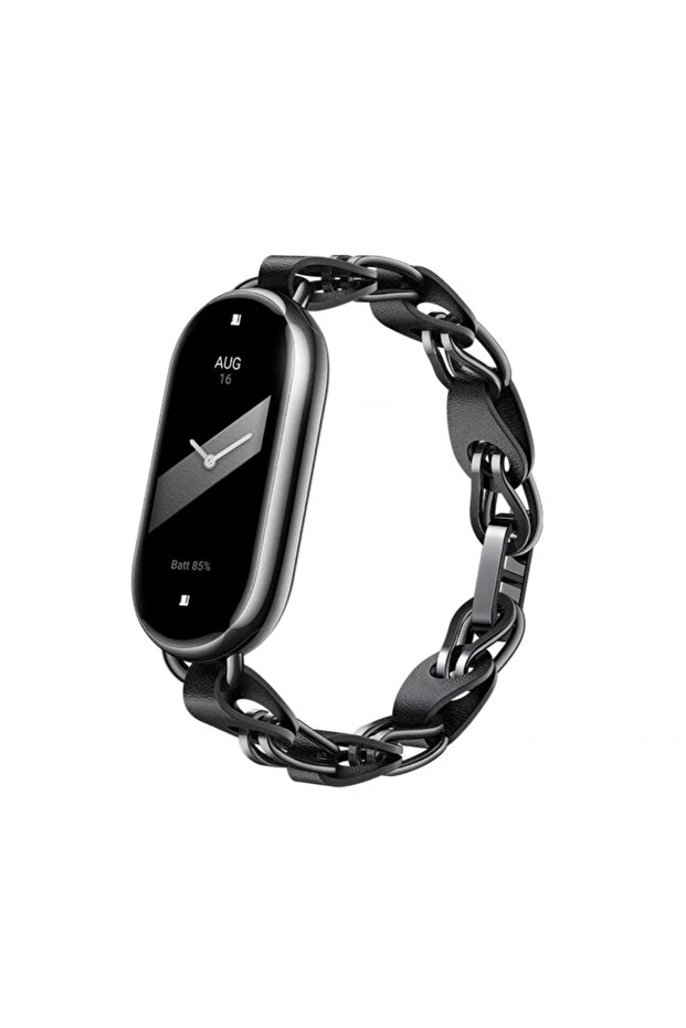 Xiaomi Mi Band 8 Stainless Steel Leather Ring Chain Belt | Black