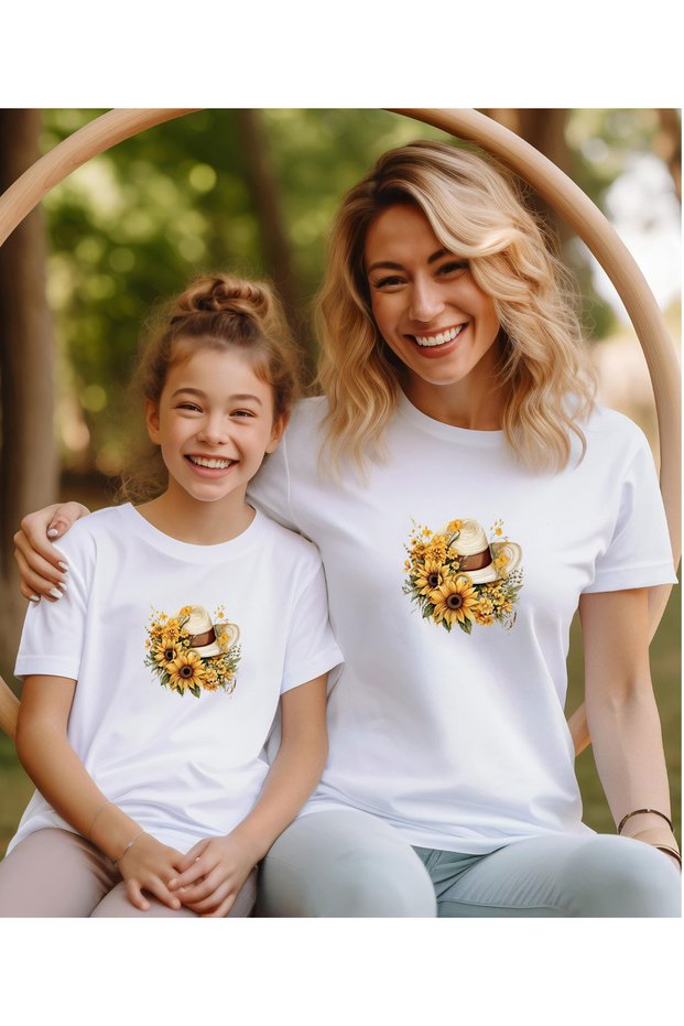 Mother-Daughter Hat and Sunflower Printed Combination T-Shirt (Single Item, Add 2 Pieces to the Cart for Combination)