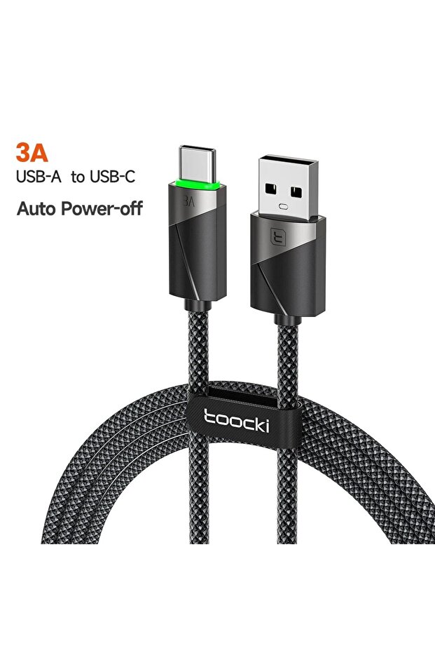 كابل USB من النوع A إلى النوع C بطول 2 متر، لون رمادي، 60 واط، شحن سريع 3 أمبير، مع خاصية إيقاف التشغيل الذكي