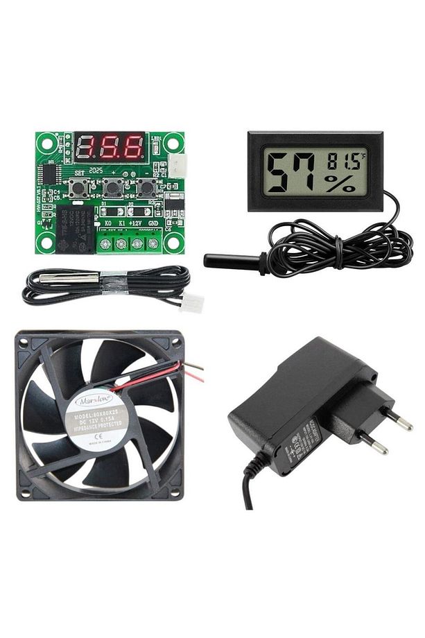 Kuluçka Makinesi Seti - 4 Parça - W1209 Termostat 12V - Isı Nem Ölçer - 12V Adaptör - 80x80 12V Fan - 1