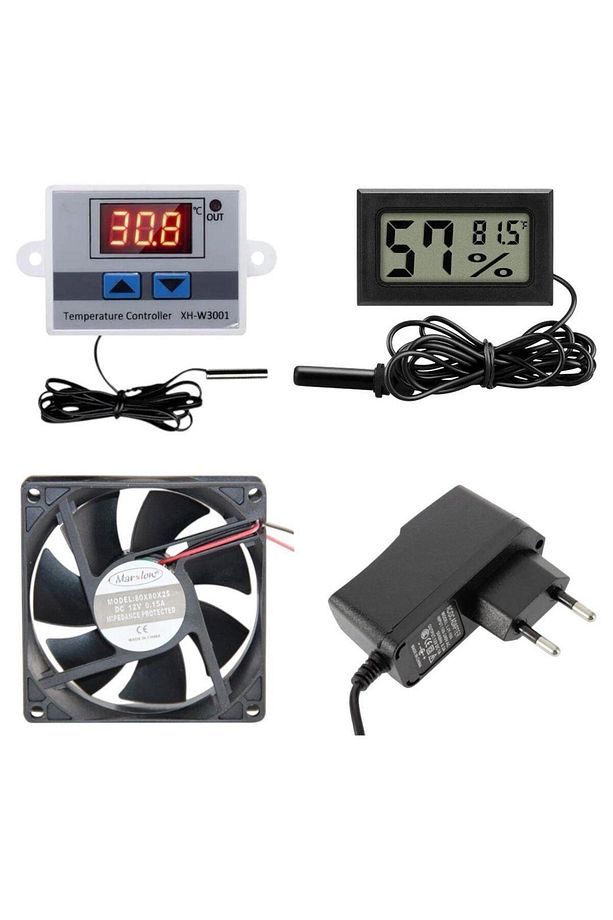 Kuluçka Makinesi Seti - 4 Parça - W3001 Termostat 220V - Isı Nem Ölçer - 12V Adaptör - 80x80 12V Fan - 1