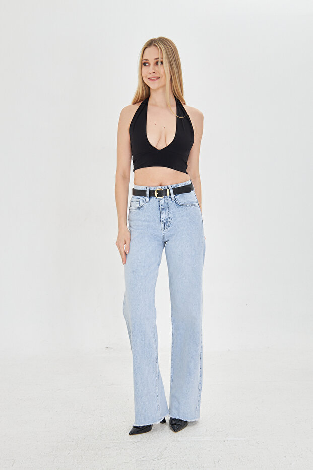 Women's Light Blue Wide Leg Jean Trousers