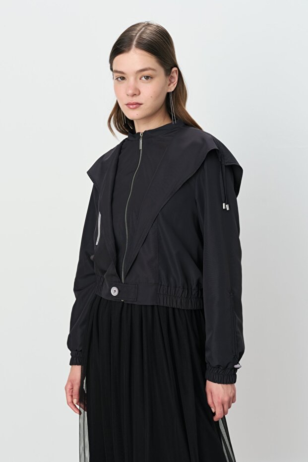 Drawstring Hooded Short Jacket Black - 3