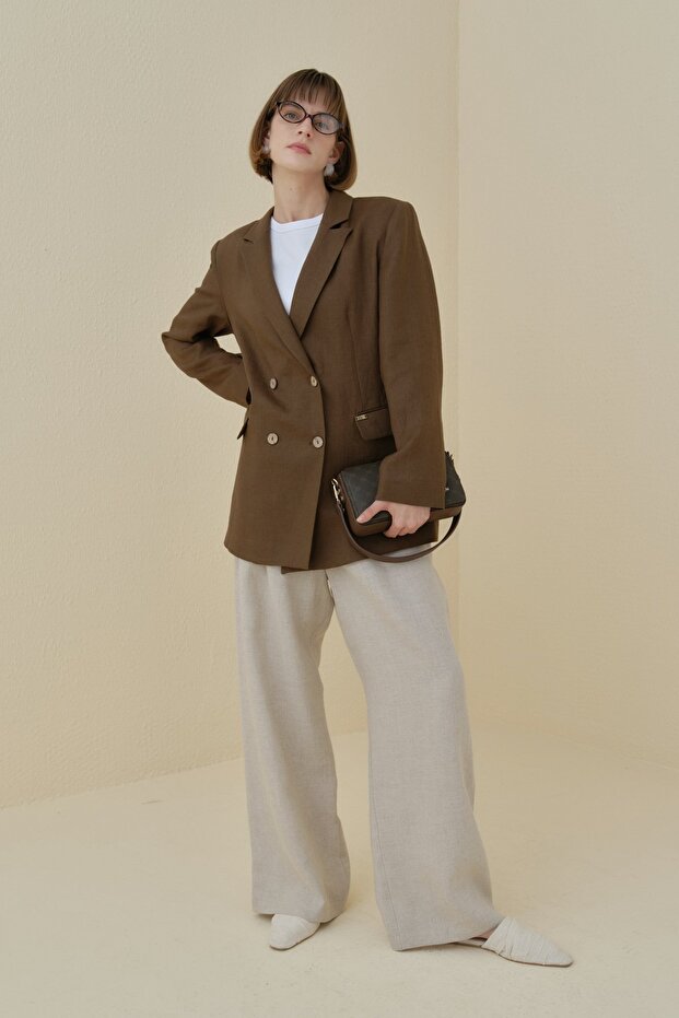 Linen Blazer Jacket Brown - 1