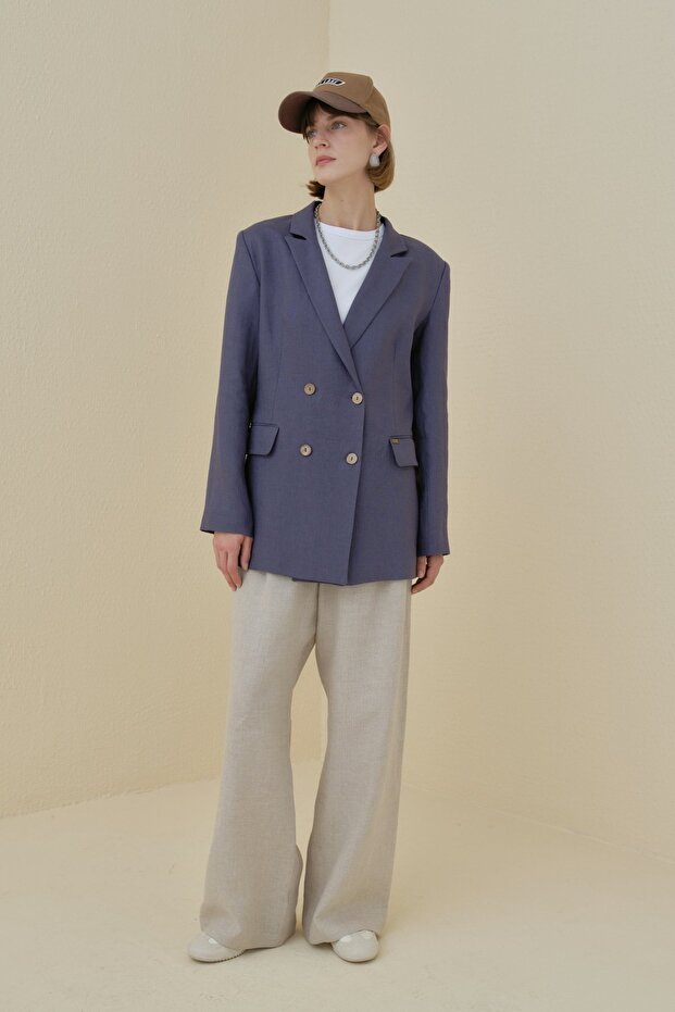 Keten Blazer Ceket İndigo - 1
