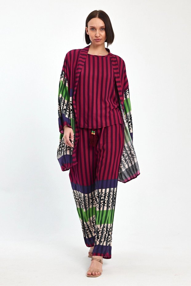 Women's Plum Striped Athlete Kimono and Pants Woven Viscon Bottom Top Set Hzl25S-Vm110421