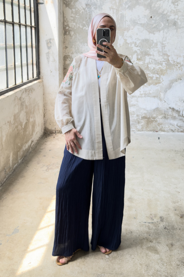 Oversize Linen Jacket with Flower Embroidery Detail 8823 - Beige