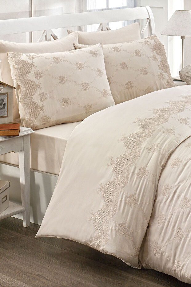 Iris Embroidered Cotton Satin Double 6 Piece Duvet Cover Set