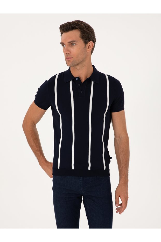 Navy Blue Slim Fit Polo Neck Knitwear T-Shirt 50300833-Vr033