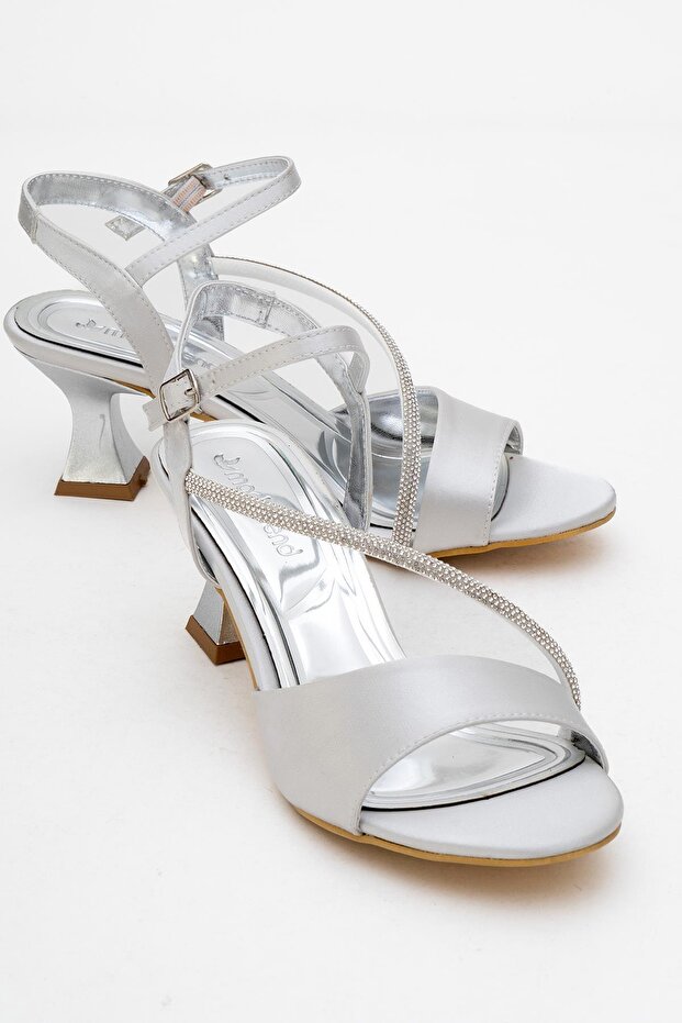 Women's Thick Front Face Cross Stone Heeled Shoes Silver Satin