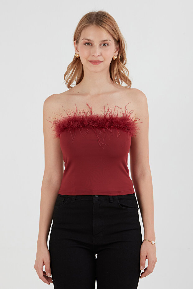 Basic Tüylü Straplez Crop Bluz - 6