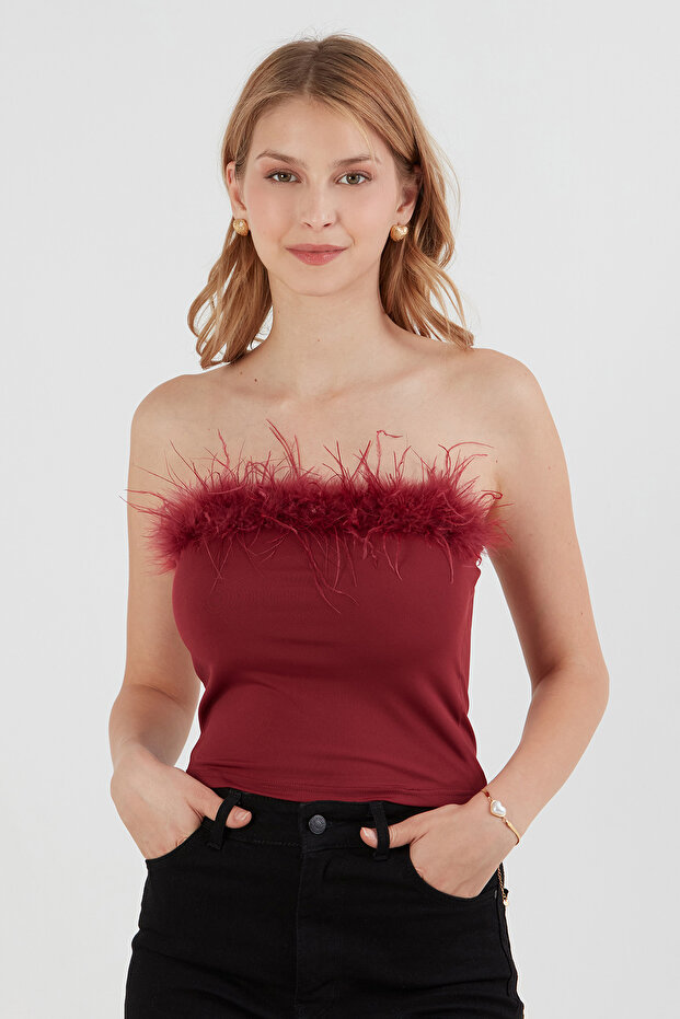 Basic Tüylü Straplez Crop Bluz - 1