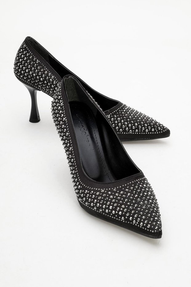Stoned Pointed Toe Stiletto Women's Heeled Shoes Black Satin
