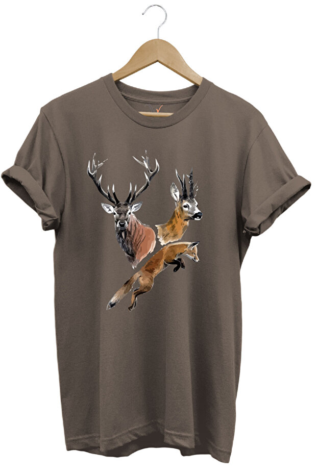 تي شيرت مطبوع عليه Hunting Hunter Deer and Fox مصنوع من القطن بنسبة 100%
