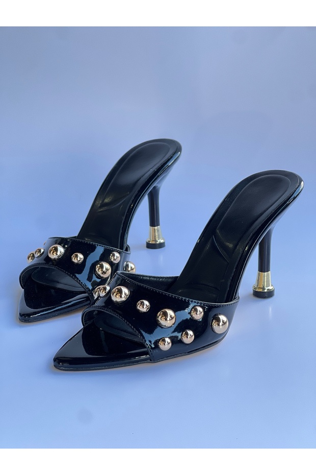 Women's Gold Stone Heeled Pointed Toe Daily Slippers Black