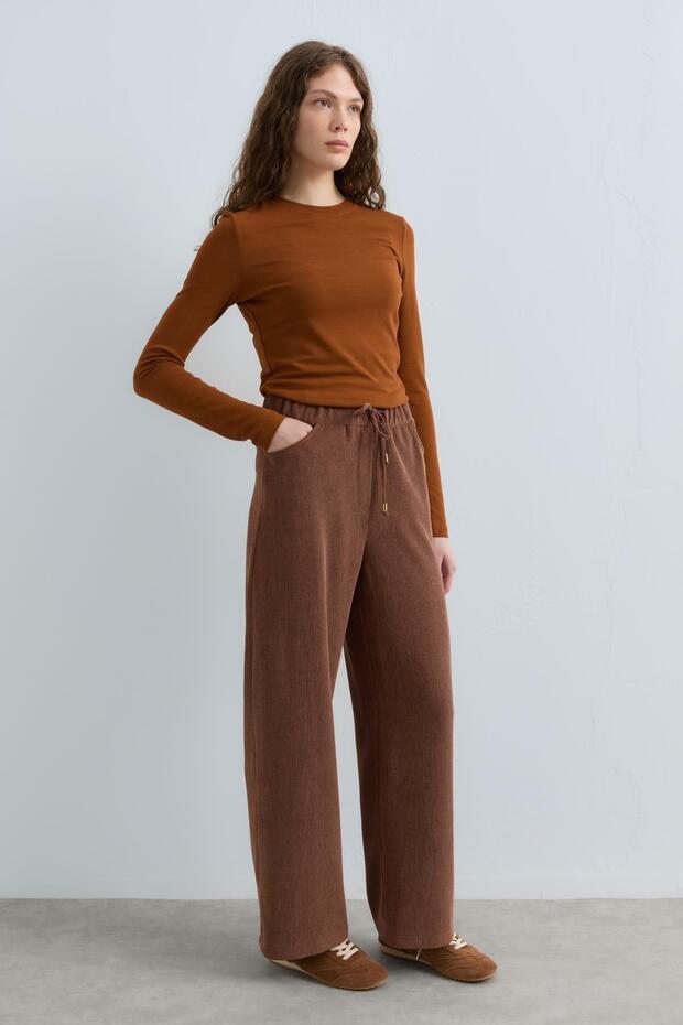 Beli Lastikli Kadife Pantolon Kahve - 2