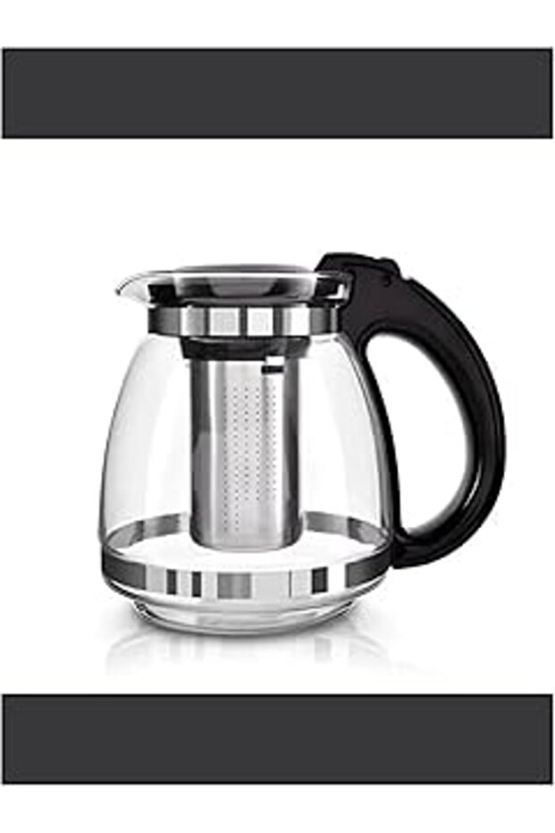 Bybars 1700 Ml Çelik Süzgeçli Siyah Cam Demlik Isıya Dayaıklı Cam Çaydalık Bitki Çayı Demliği - 1