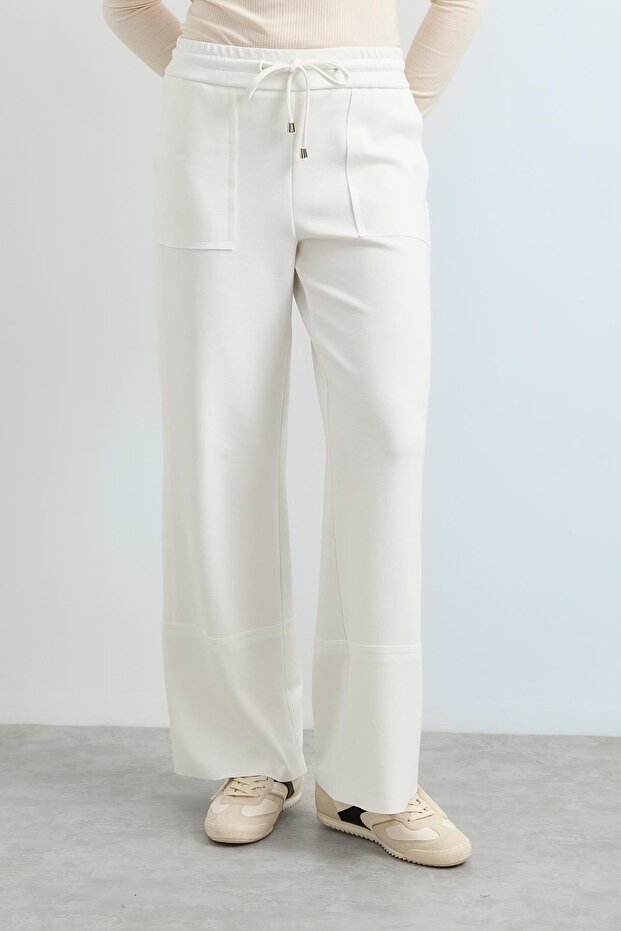 Beli Lastikli Örme Bol Pantolon Ekru - 2