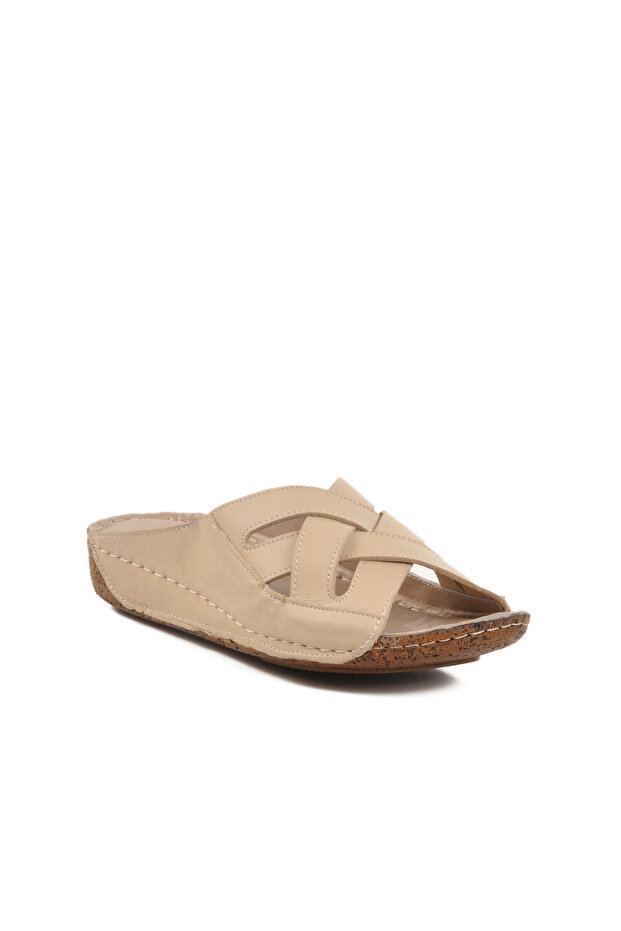 Beige Genuine Leather Women's Slippers 003 Z