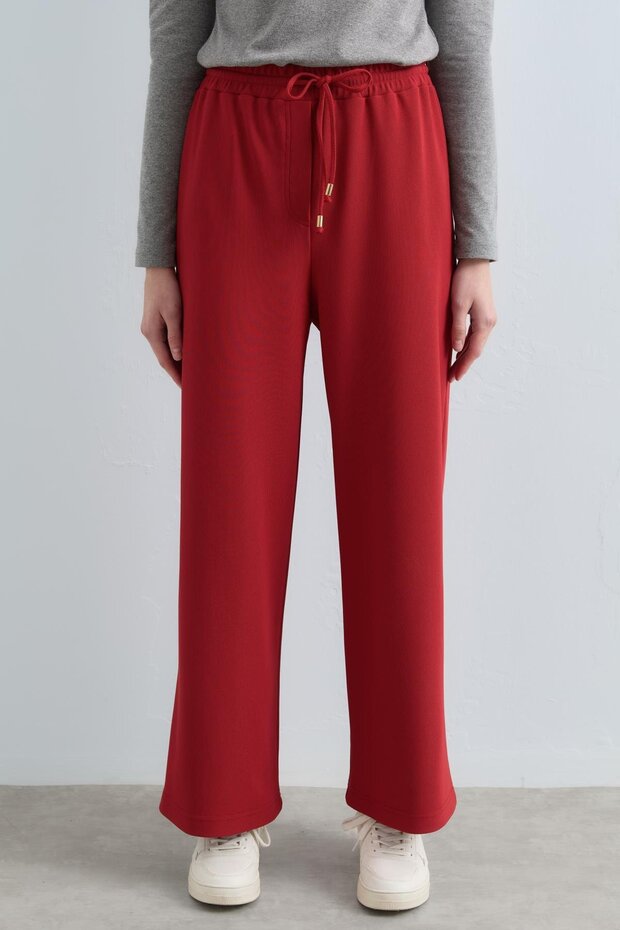 Beli Lastikli Bol Paça Örme Pantolon Kiremit - 1