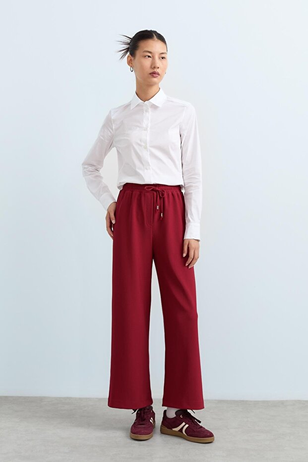 Elastic Waist Wide Leg Knitted Trousers Burgundy