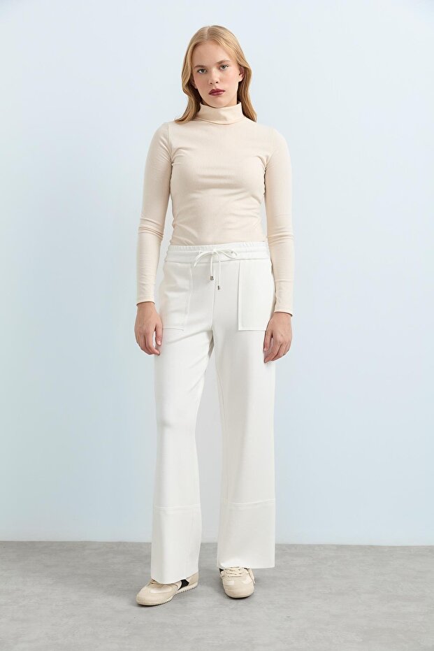 Beli Lastikli Örme Bol Pantolon Ekru - 1