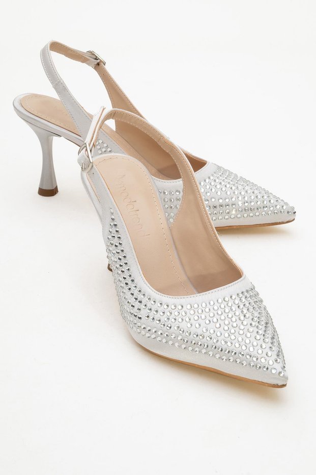 Stoned Pointed Toe Women's Heeled Shoes Silver Satin