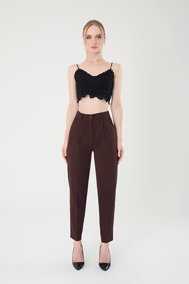Women's Brown Slim Fit Fabric Trousers