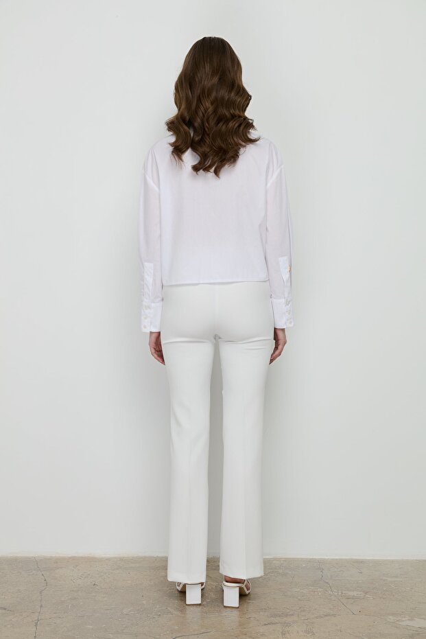 Ütü İzli İspanyol Paça Pantolon Ekru - 4