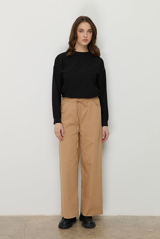 Elastic Waist Wide Leg Canvas Denim Trousers Camel