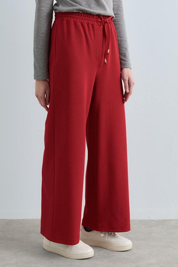 Beli Lastikli Bol Paça Örme Pantolon Kiremit - 3