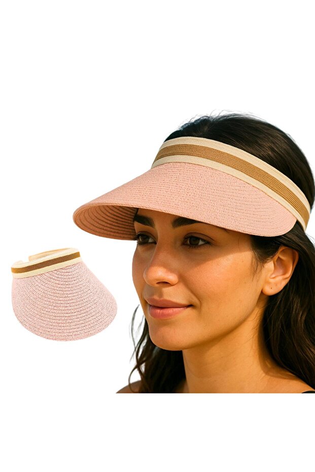 Women's Straw Visor Sun Hat with Ribbon Summer Outdoor Peaked Beach Hat
