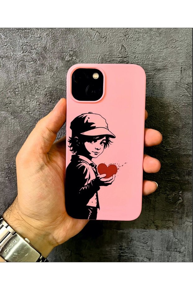iPhone 15 Compatible Pink Case with Heart in Hand and Child Design