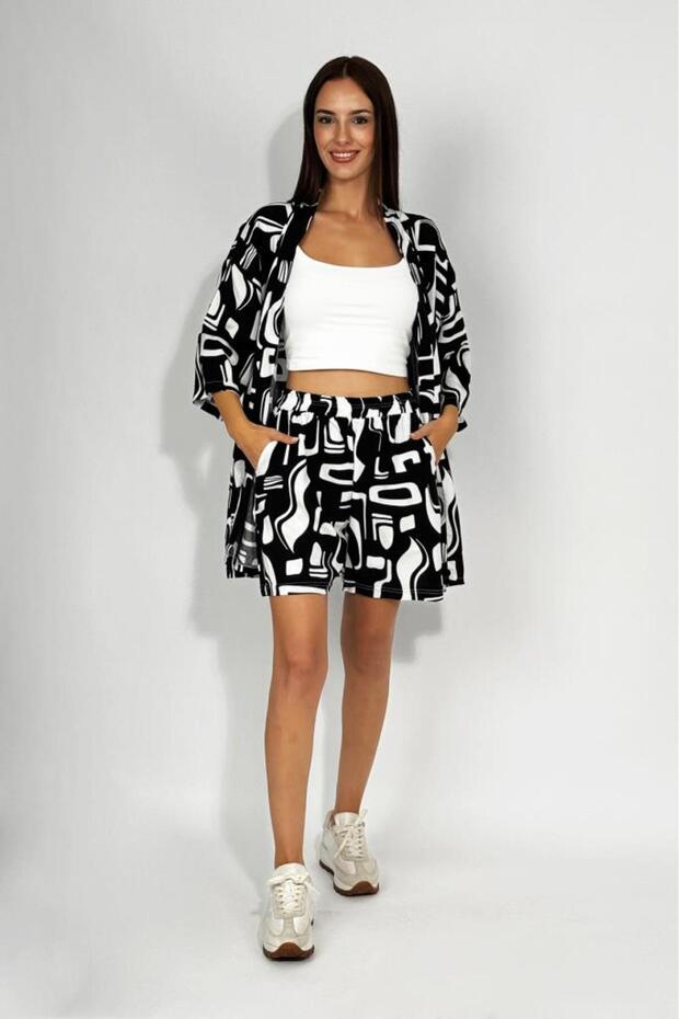 Woven Viscose Relaxed Fit Kimono Shorts Top Bottom Set Black White
