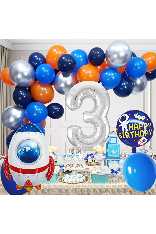 3 Year Old Space Themed Birthday Set Space Shuttle Happy Birthday Lettering Colorful Balloons Silver Foil Number