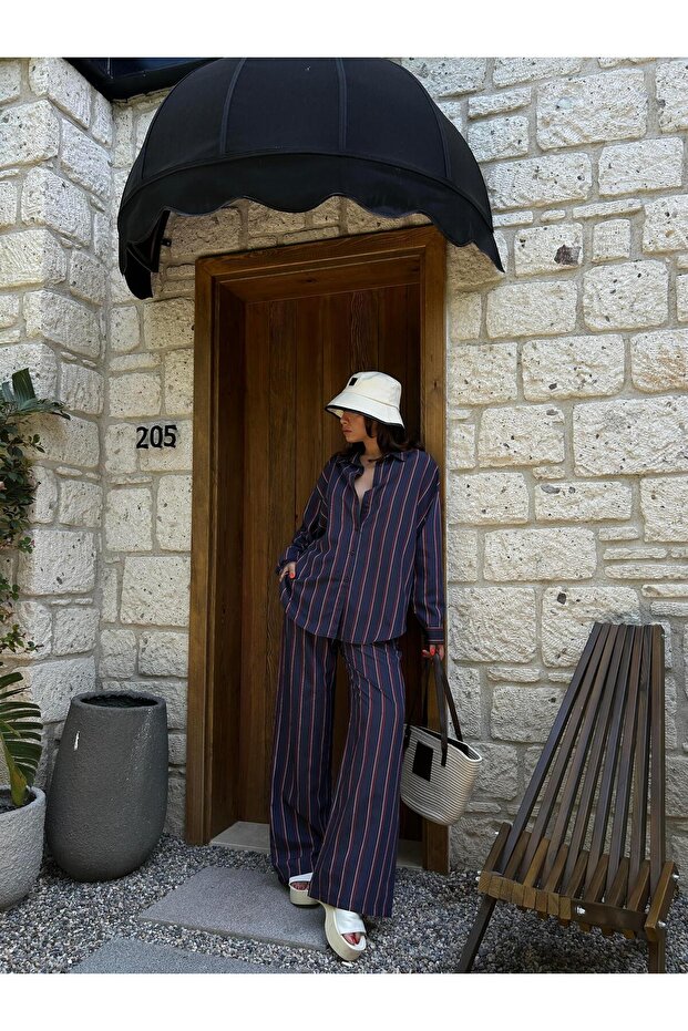 Women's Navy Blue Striped Wide Cut Viscose Fabric Shirt and Pants Bottom/Top Set 29046