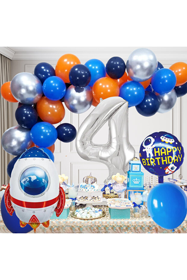 4 Year Old Space Themed Birthday Set Space Shuttle Happy Birthday Lettering Colorful Balloons Silver Foil Number