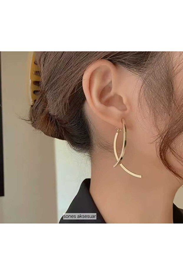 geometrik sallantılı gold çelik küpe - 2