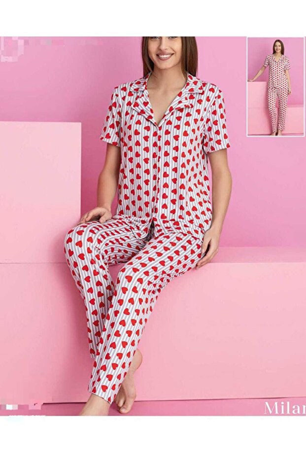 Shirt Collar Buttoned Short Sleeve Striped Heart Printed Lycra Loose Milan Fabric Pajama Set