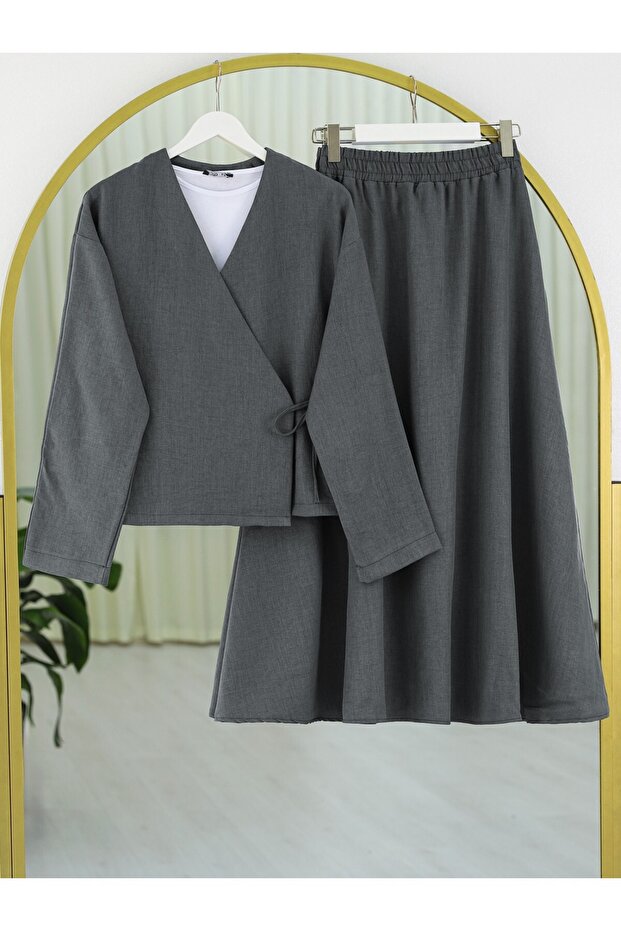 Linen Look Suit with Side Tie Skirt - Smoked