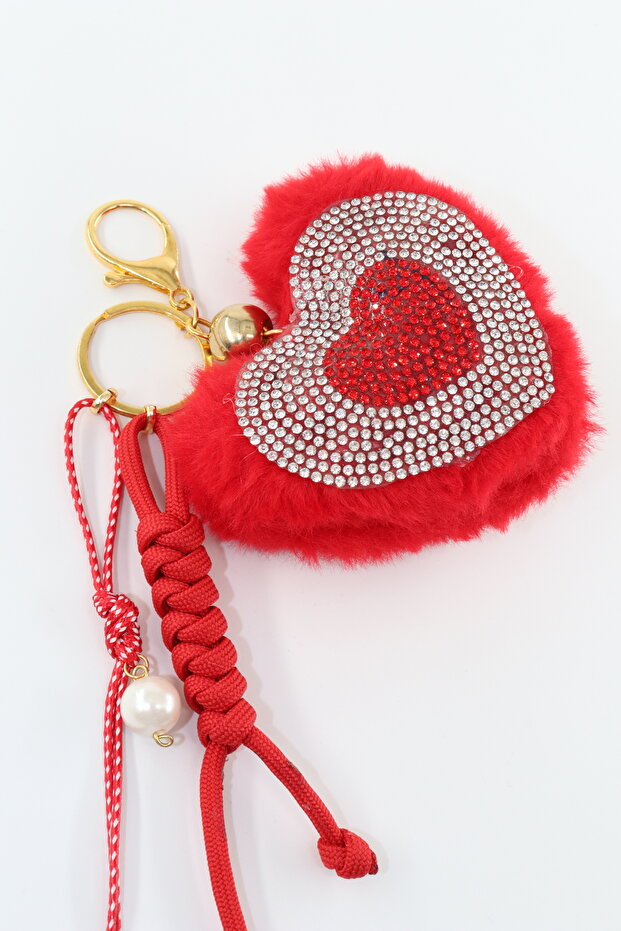 Keychain Bag Charm. Mirror Ornament. Bag Accessory. Keychain Stoned Plush Heart Rope Pearl Bag Charm