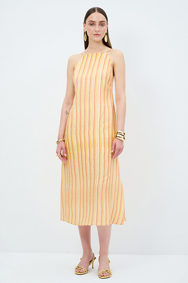 Halter Yaka Keten Elbise - 1