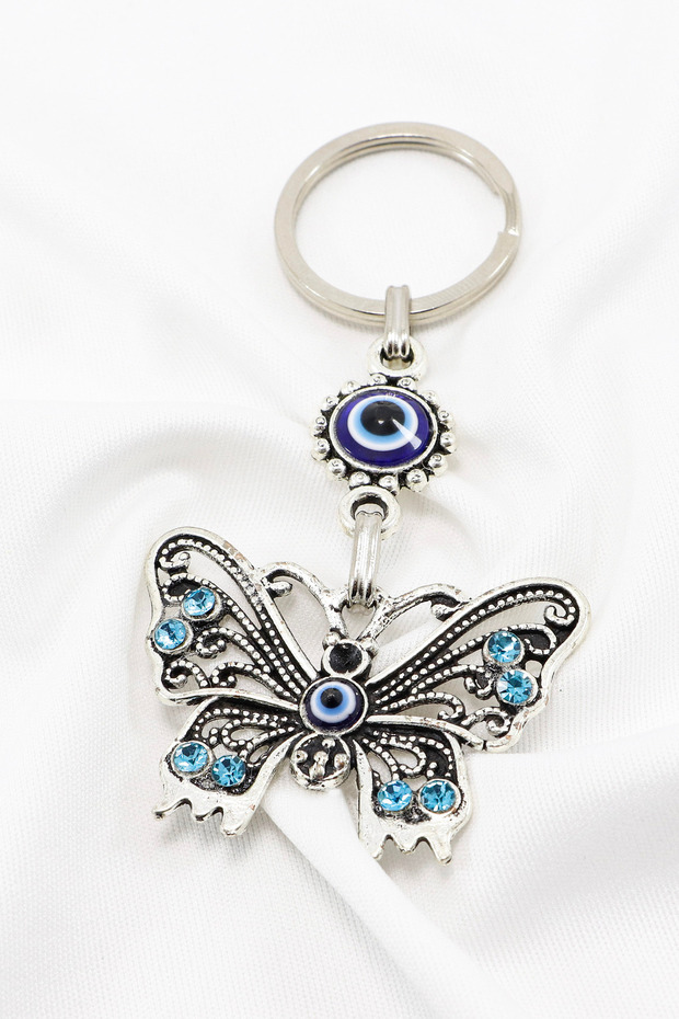 Turquoise Shiny Stone Metal Butterfly Keychain, Butterfly Gift
