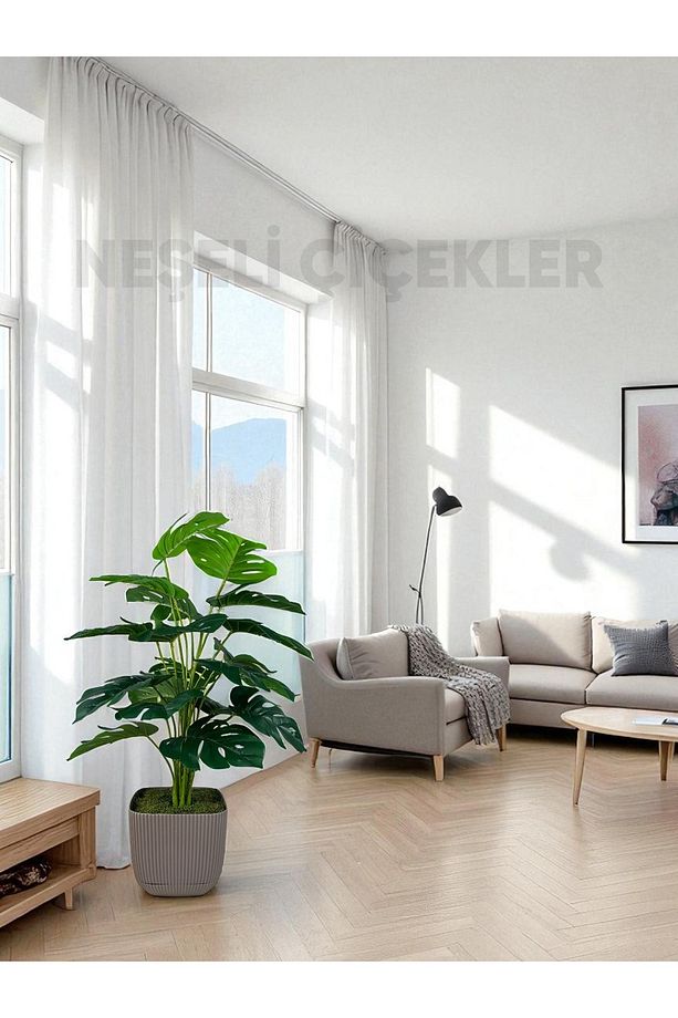 Yapay Ağaç Monstera Deve Tabanı Bitkisi 18 Yaprak 75cm Plastik Saksı Yapay Salon Çiçeği Hediyelik - 6