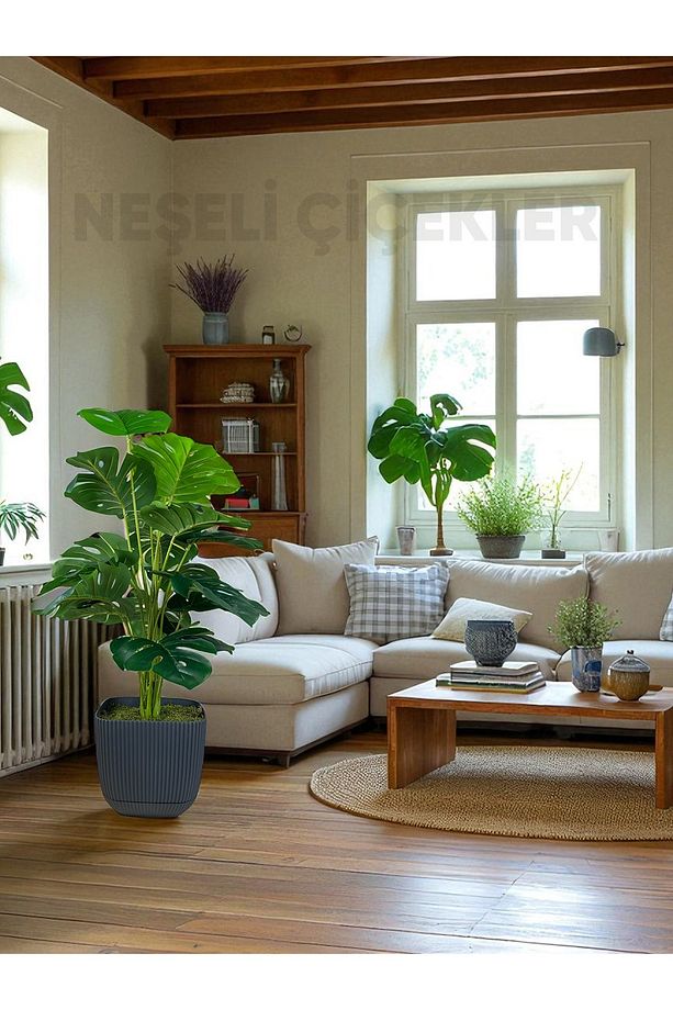 Yapay Ağaç Monstera Deve Tabanı Bitkisi 18 Yaprak 75cm Plastik Saksıda Yapay Salon Çiçeği Hediyelik - 5
